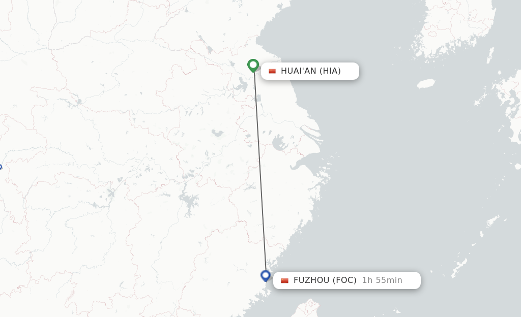 Flights from Fuzhou to Huai'an route map