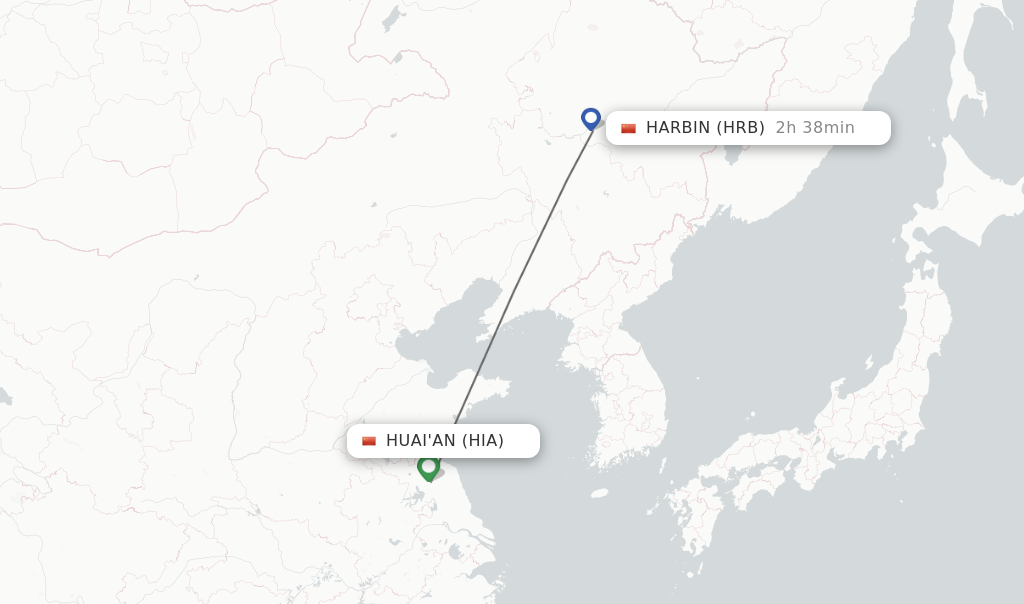 Flights from Huai'an to Harbin route map