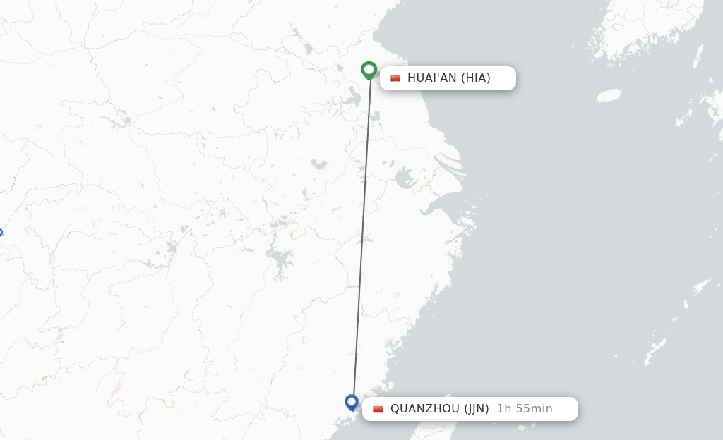 Flights from Huai'an to Jinjiang route map