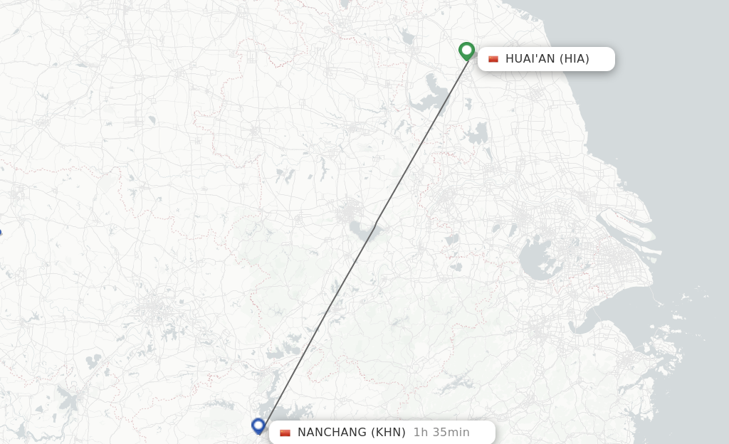 Flights from Huai'an to Nanchang route map