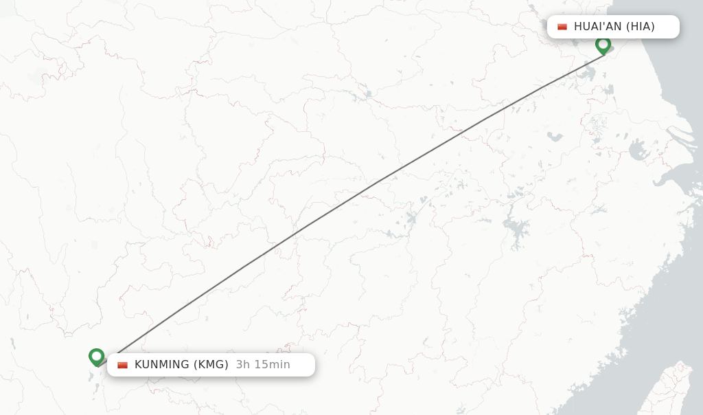 Flights from Huai'an to Kunming route map