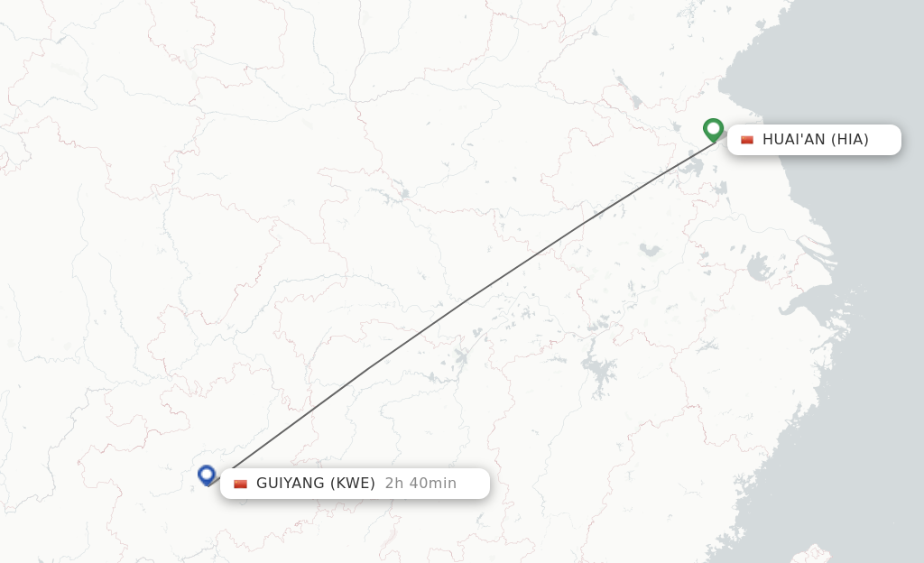 Flights from Huai'an to Guiyang route map