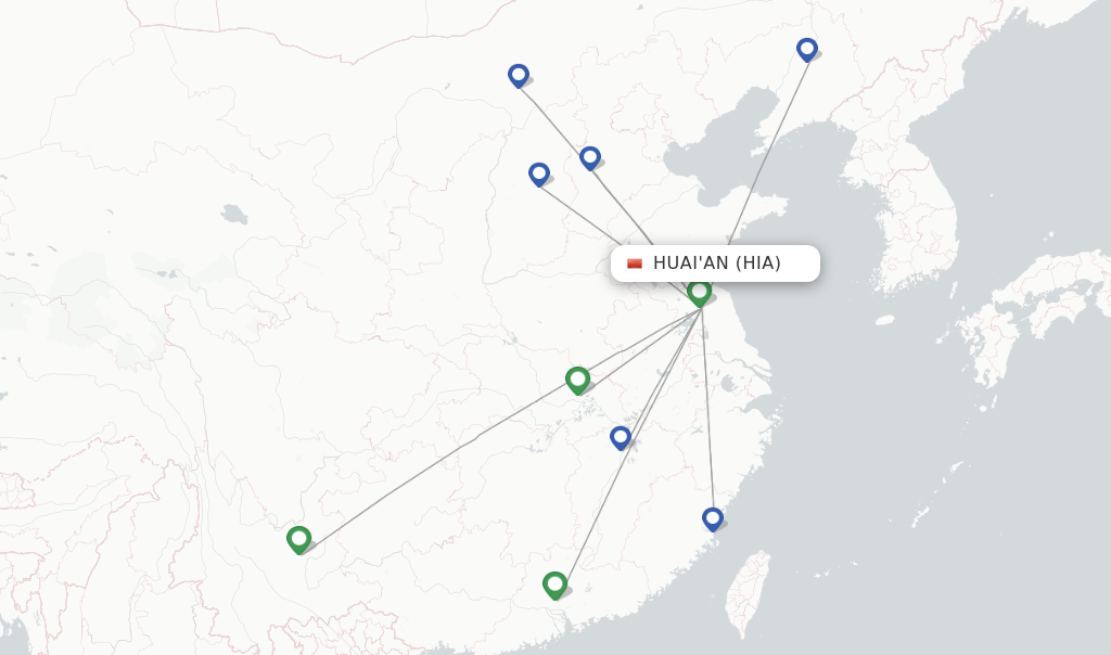 Route map with flights from Huai'an with China Eastern