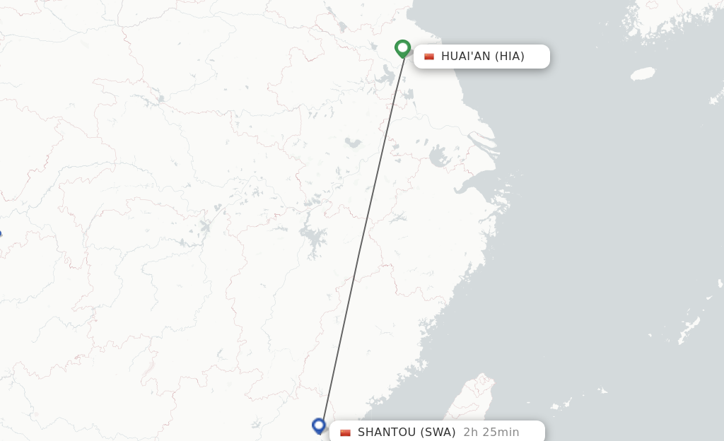 Flights from Huai'an to Jieyang route map