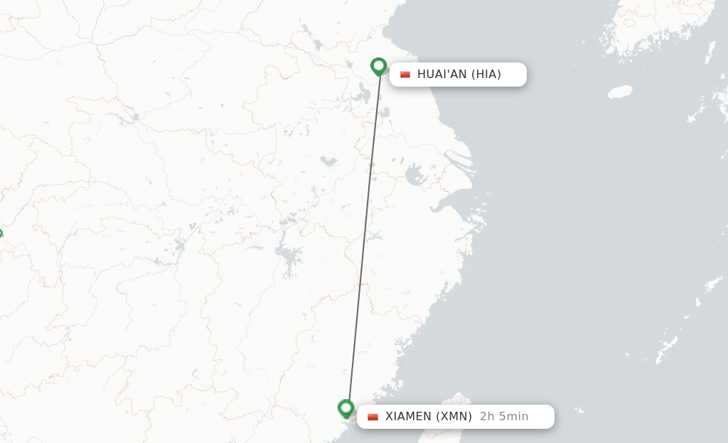 Flights from Huai'an to Xiamen route map