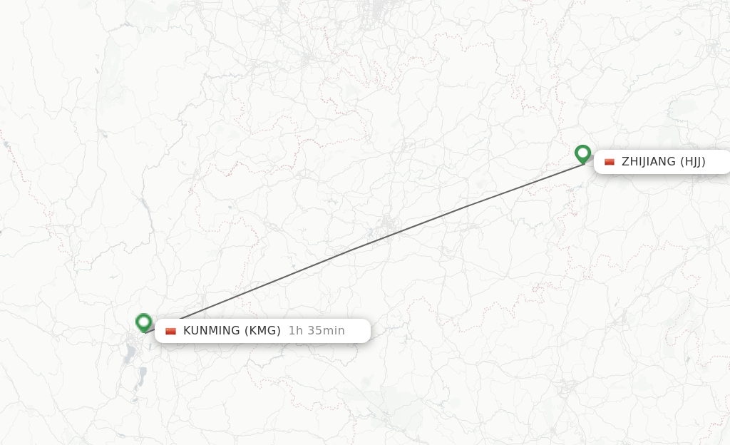 Flights from Huaihua to Kunming route map