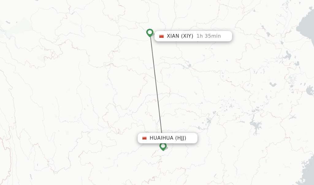 Flights from Huaihua to Xian route map