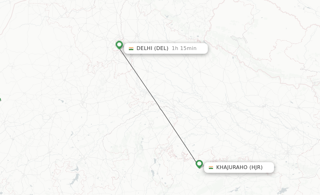 Flights from Khajuraho to Delhi route map