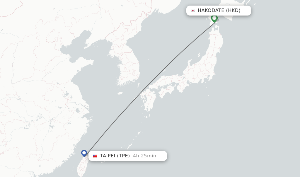 Flights from Hakodate to Taipei route map