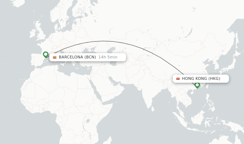 Flights from Hong Kong to Barcelona route map