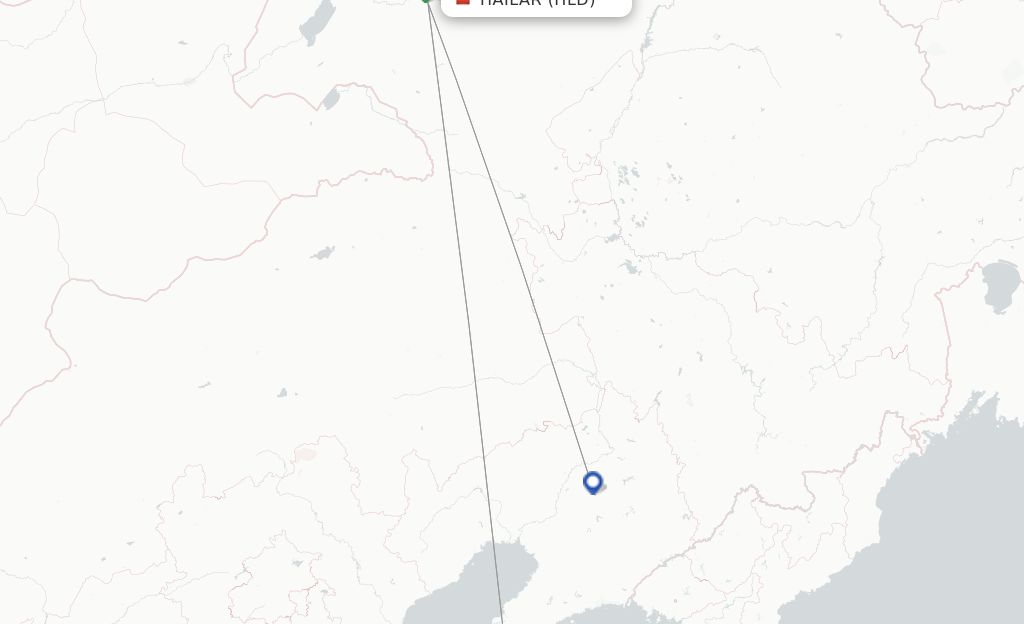 Route map with flights from Hailar with Juneyao Airlines