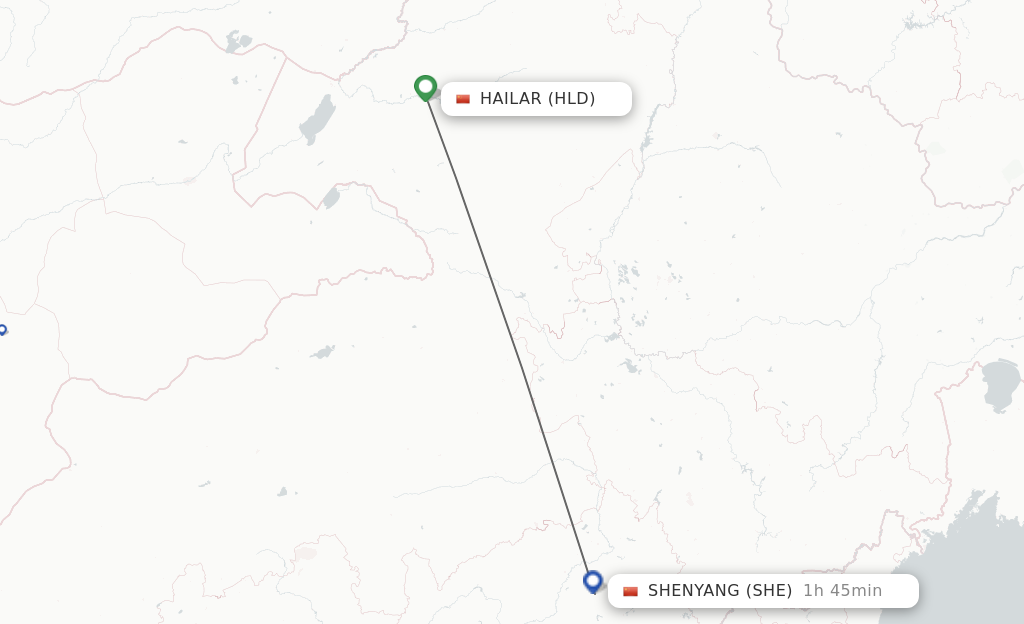 Flights from Hailar to Shenyang route map