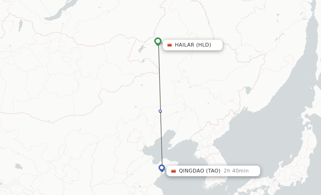Flights from Hailar to Qingdao route map