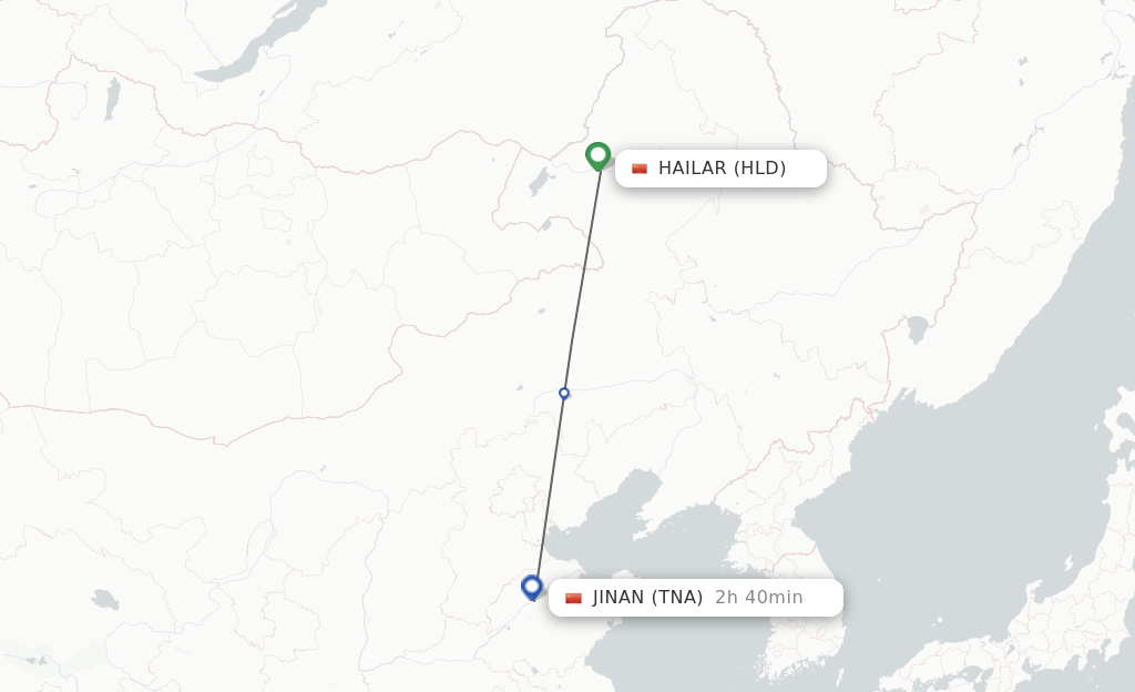 Flights from Jinan to Hailar route map