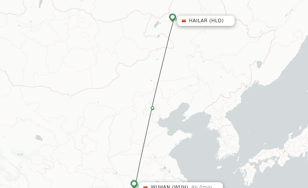 Flights from Hailar to Wuhan route map