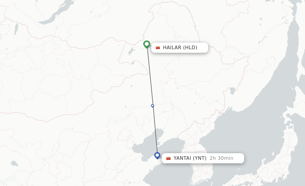 Flights from Hailar to Yantai route map