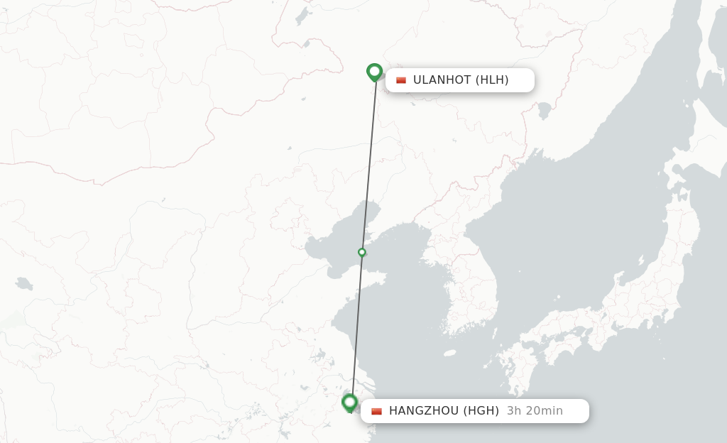 Flights from Ulanhot to Hangzhou route map