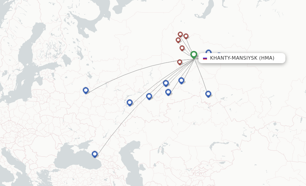 Route map with flights from Khanty-Mansiysk with UTair
