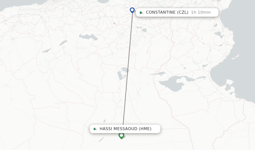 Flights from Hassi Messaoud to Constantine route map