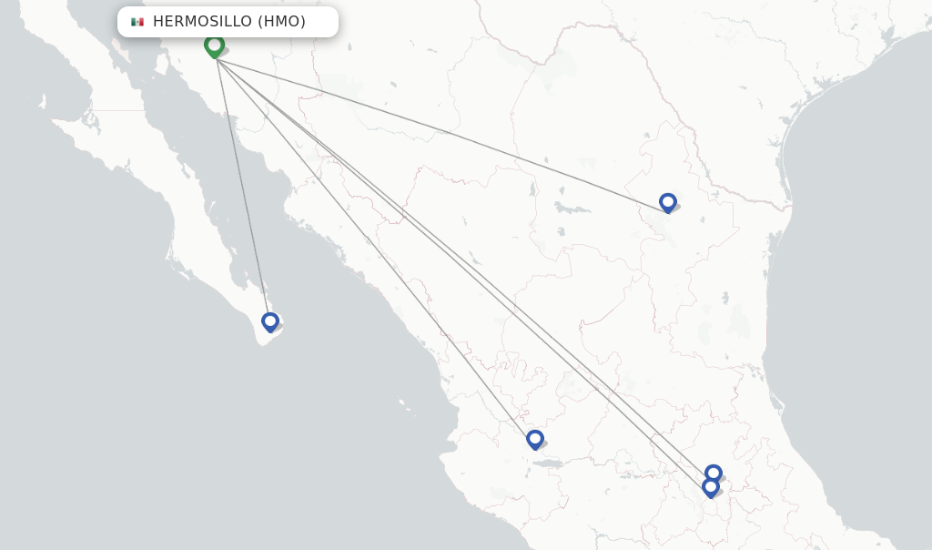Route map with flights from Hermosillo with Viva