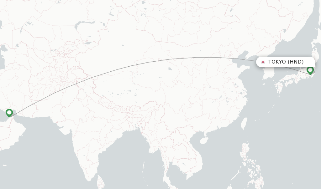 Route map with flights from Tokyo with Emirates