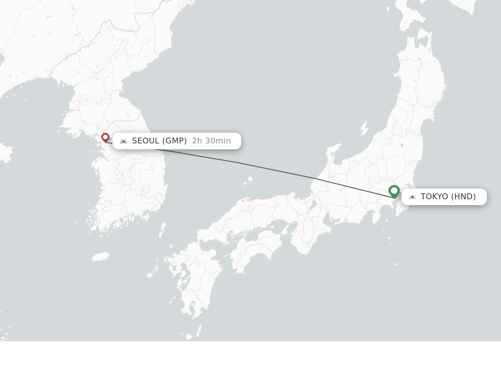 Flights from Tokyo to Seoul route map