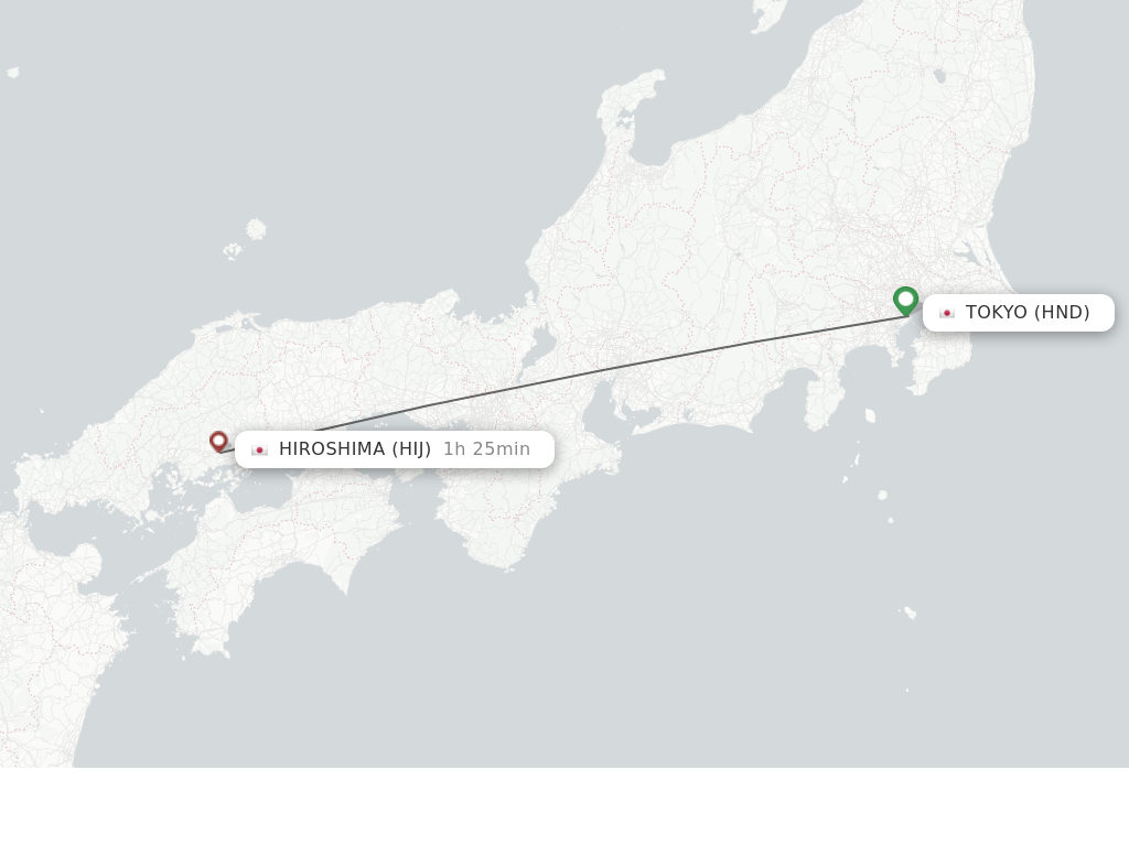 Flights from Tokyo to Hiroshima route map