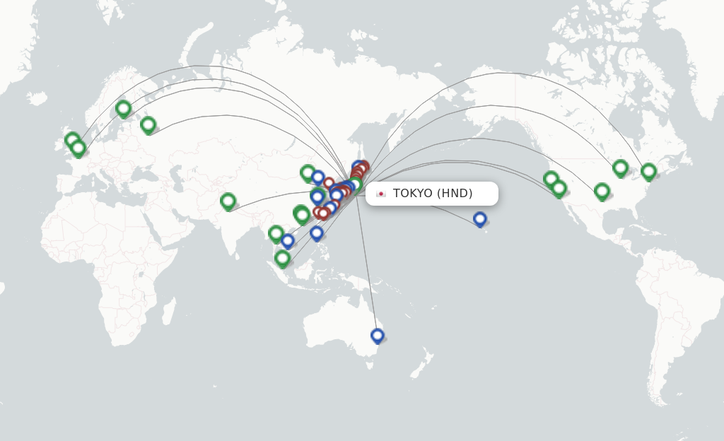 Route map with flights from Tokyo with JAL