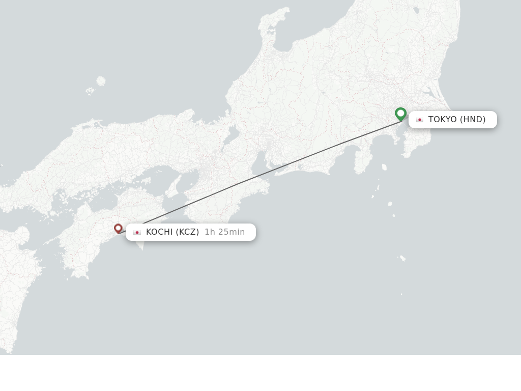 Flights from Tokyo to Kochi route map