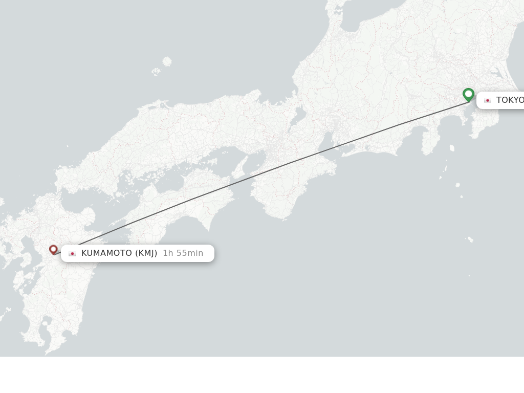 Flights from Tokyo to Kumamoto route map