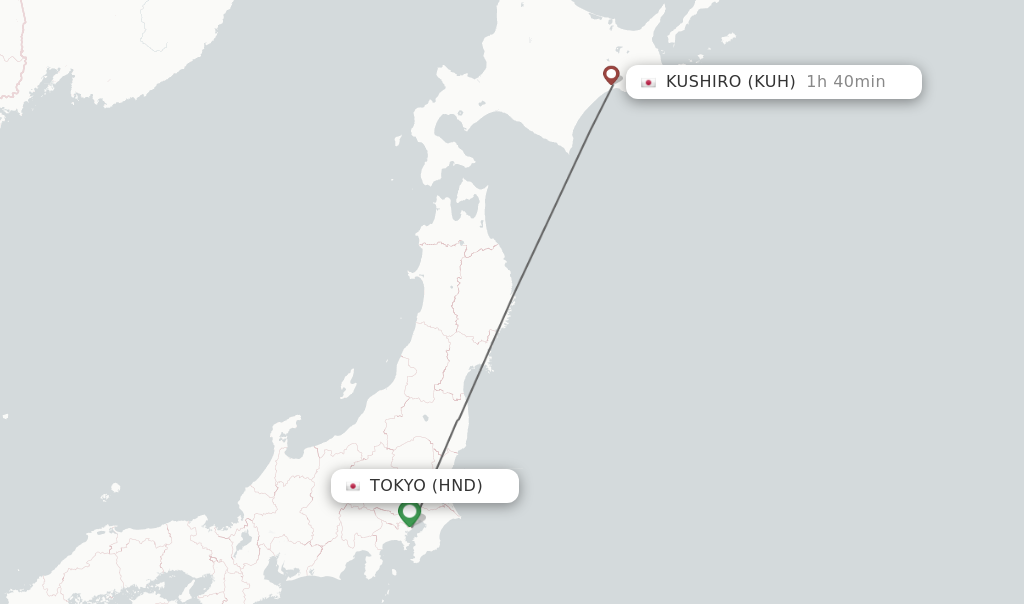 Flights from Tokyo to Kushiro route map