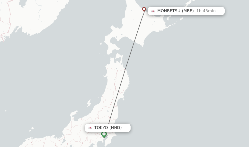 Flights from Tokyo to Monbetsu route map