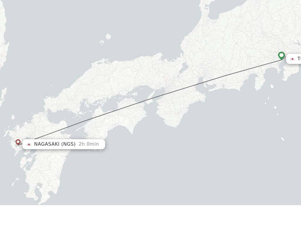 Flights from Tokyo to Nagasaki route map