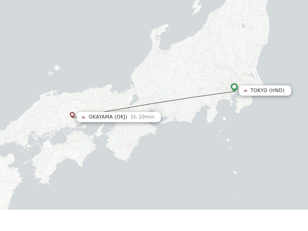 Flights from Tokyo to Okayama route map