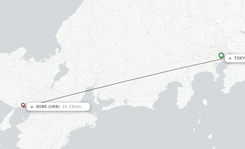 Flights from Tokyo to Kobe route map