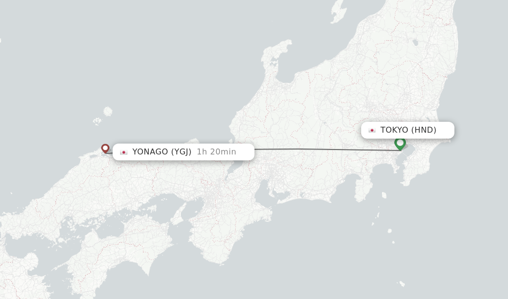 Flights from Tokyo to Yonago route map