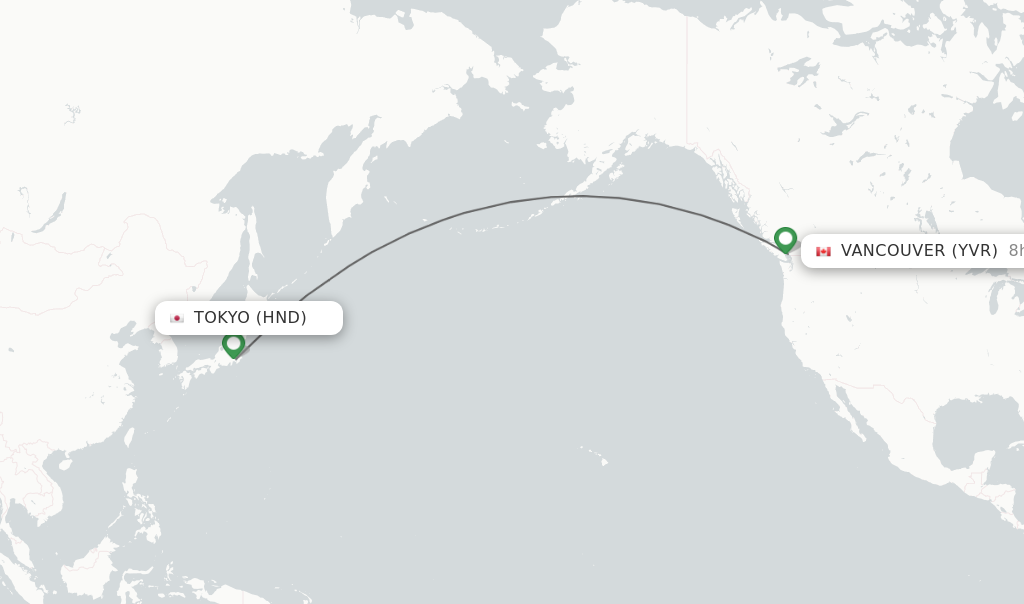 Flights from Tokyo to Vancouver route map