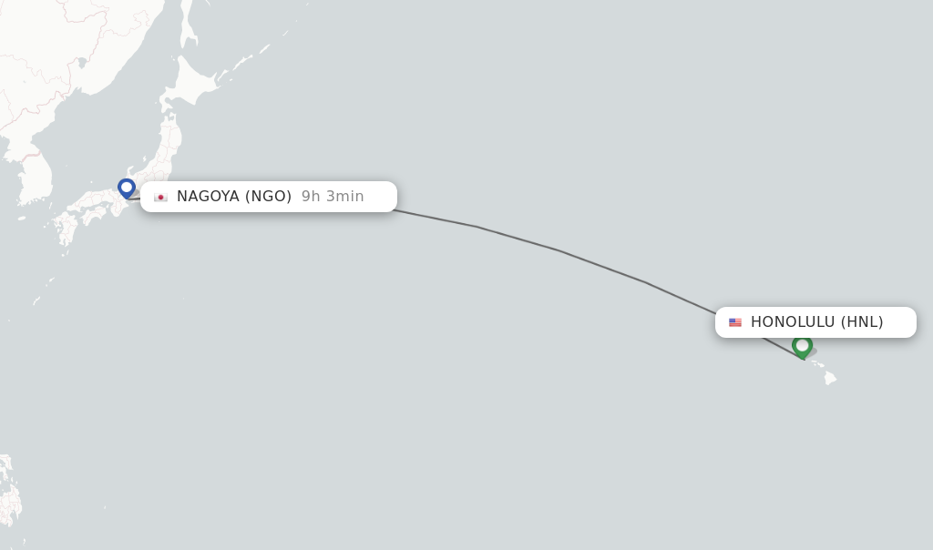 Flights from Honolulu to Nagoya route map