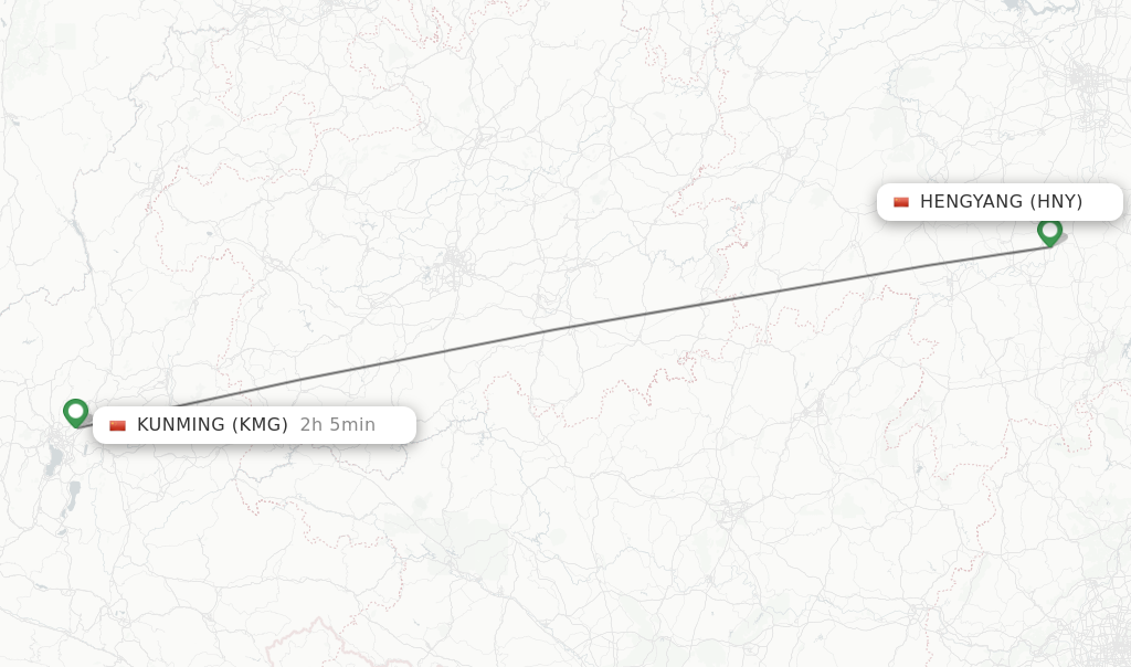 Flights from Hengyang to Kunming route map