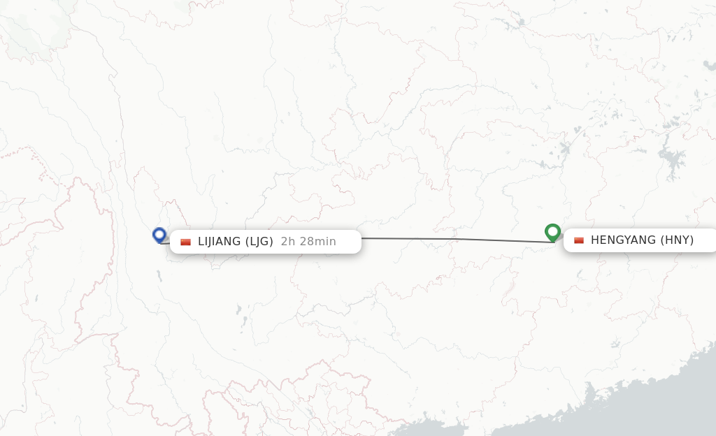 Flights from Hengyang to Lijiang route map