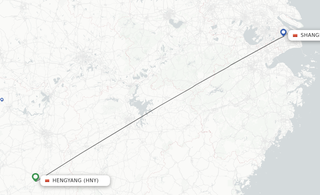 Flights from Hengyang to Shanghai route map