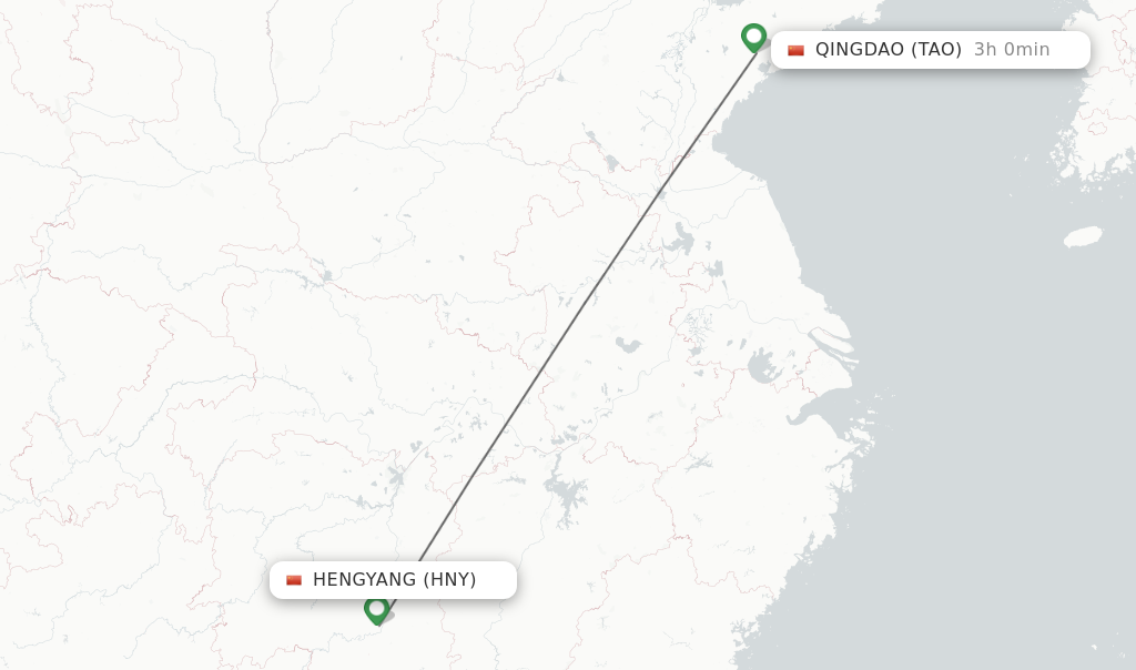 Flights from Hengyang to Qingdao route map