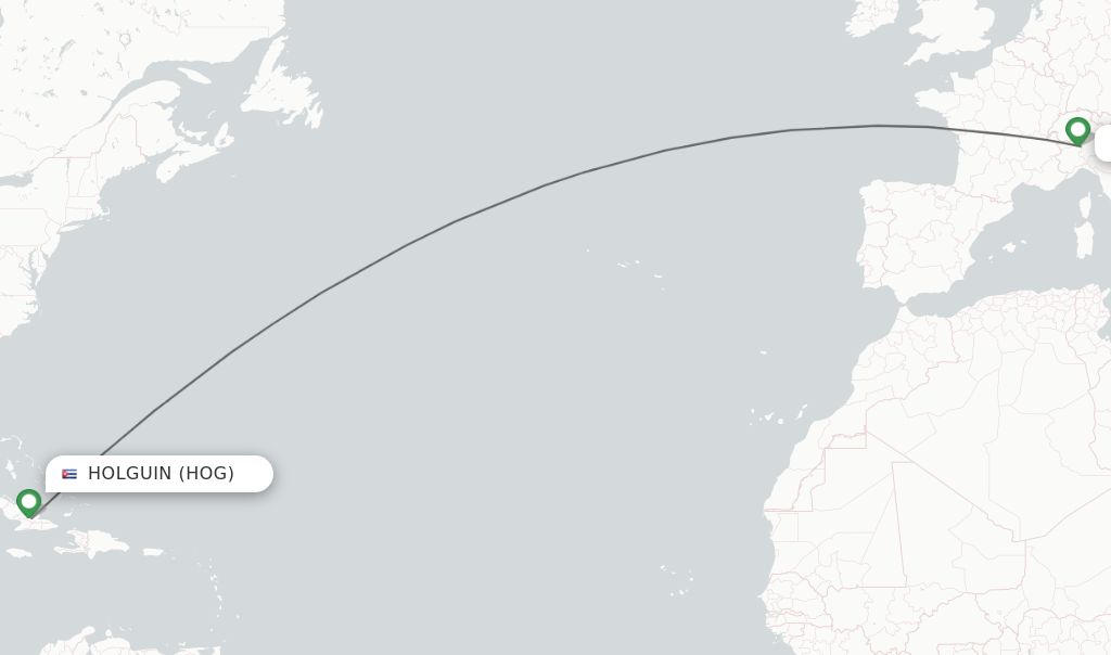 Flights from Holguin to Milan route map