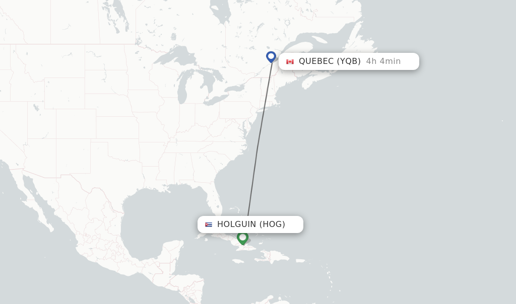 Flights from Holguin to Quebec route map