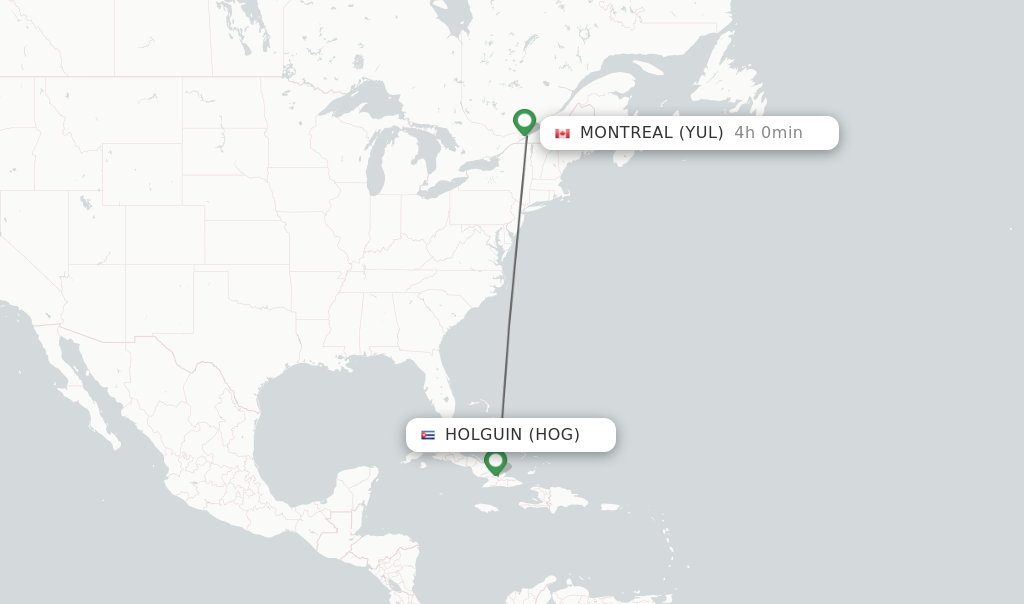Flights from Holguin to Montreal route map