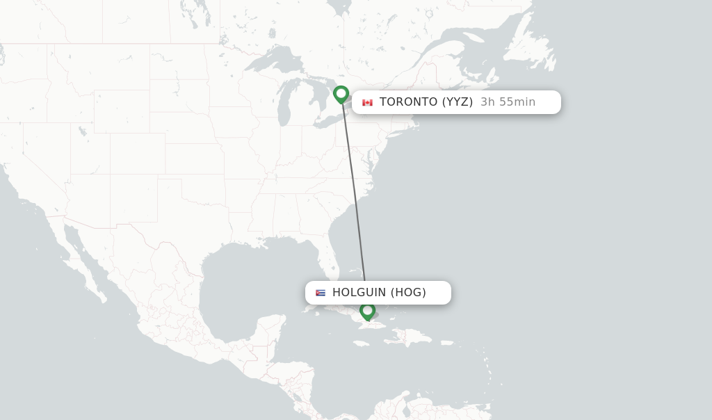 Flights from Holguin to Toronto route map