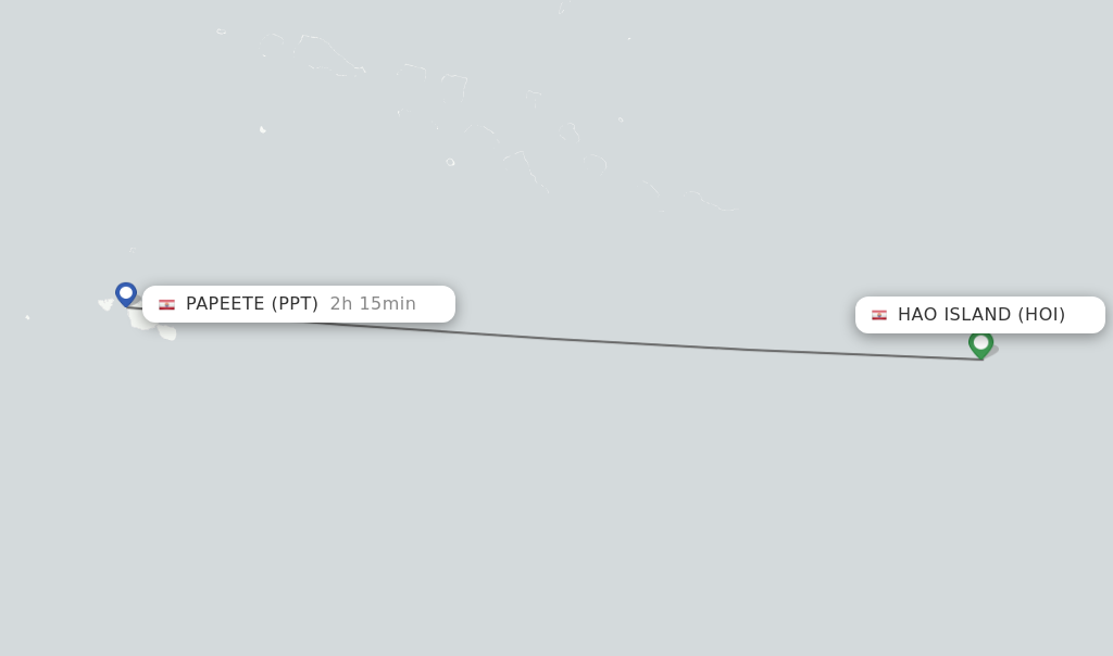 Flights from Hao Island to Papeete route map
