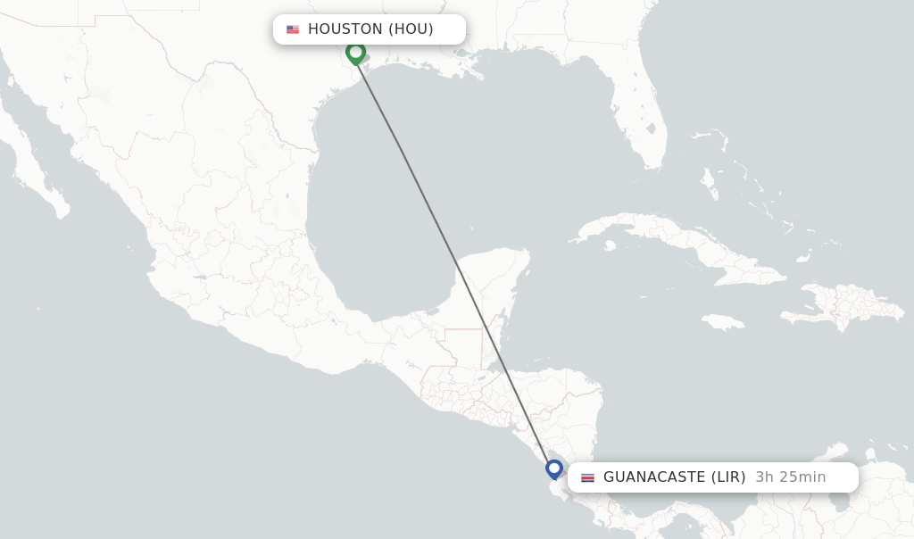 Flights from Houston to Guanacaste route map