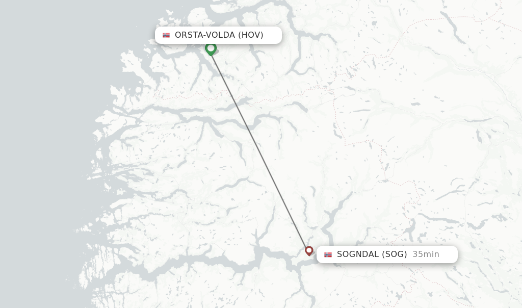 Flights from Orsta-Volda to Sogndal route map