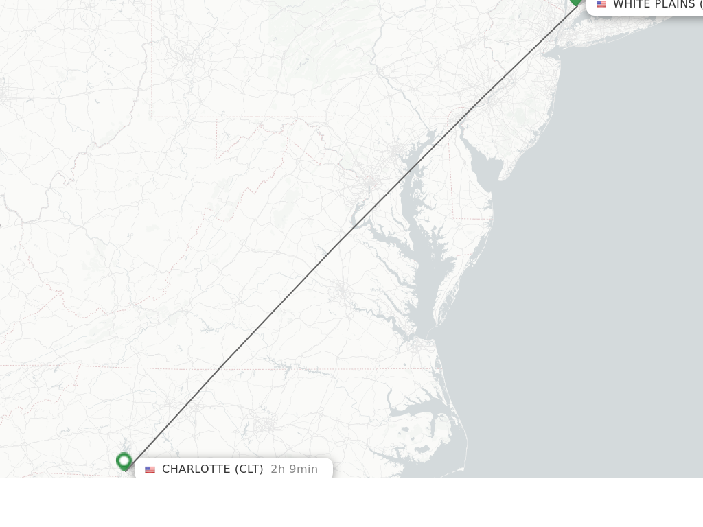 Flights from White Plains to Charlotte route map